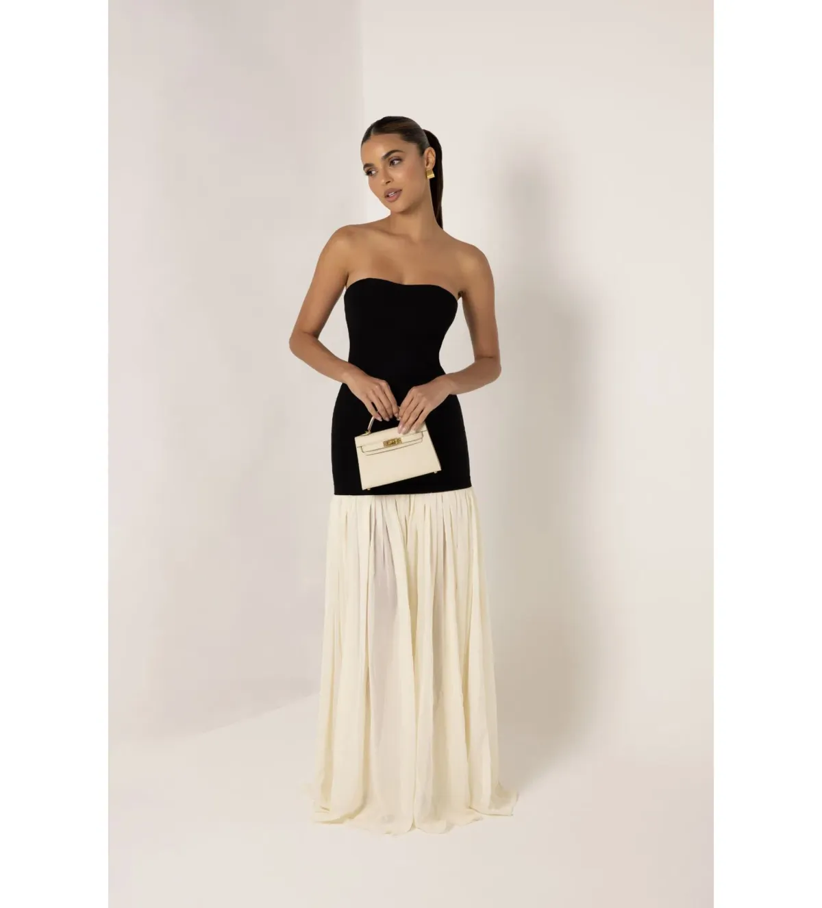 Heiress Beverly Hills Black Strapless Cream Chiffon Maxi Dress Multi Size XXS / AU 4 - Image 1