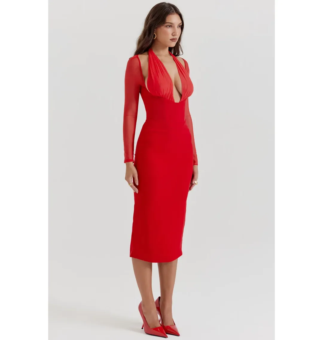 House of CB Yasmin Plunge Midi Dress Scarlet Size S/AU 8 for rent on The Volte - main image