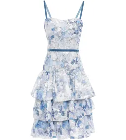 Marchesa Notte Tiered Velvet-Trimmed Fil Coupé Organza Dress in Sky Blue Size 10 for rent on The Volte - image 4