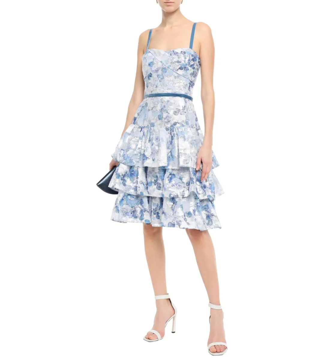 Marchesa Notte Tiered Velvet-Trimmed Fil Coupé Organza Dress in Sky Blue Size 10 for rent on The Volte - main image