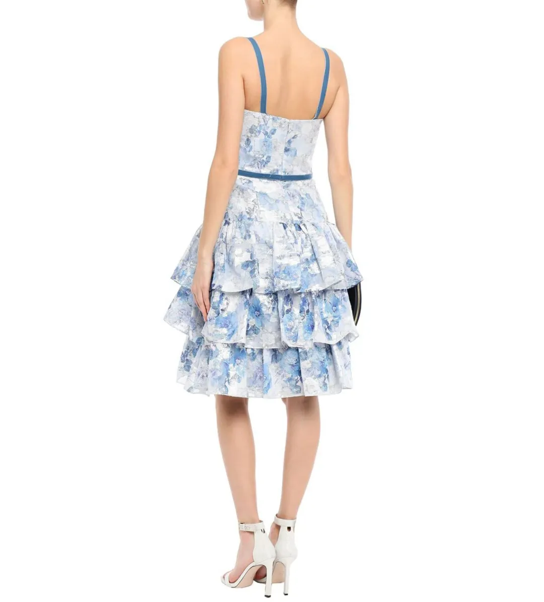 Marchesa Notte Tiered Velvet-Trimmed Fil Coupé Organza Dress in Sky Blue Size 10 for rent on The Volte - main image