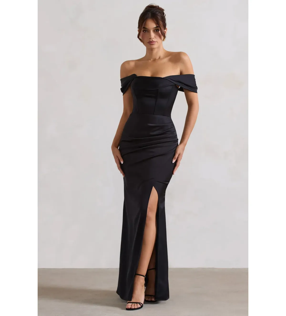 Club L Kimberly Black Bardot Satin Maxi Dress Size 8 for rent on The Volte - main image