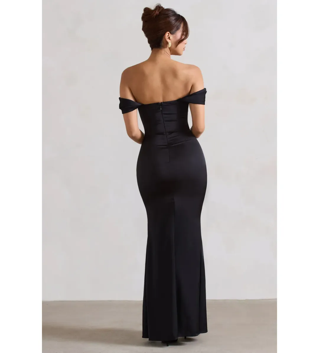 Club L Kimberly Black Bardot Satin Maxi Dress Size 8 for rent on The Volte - main image