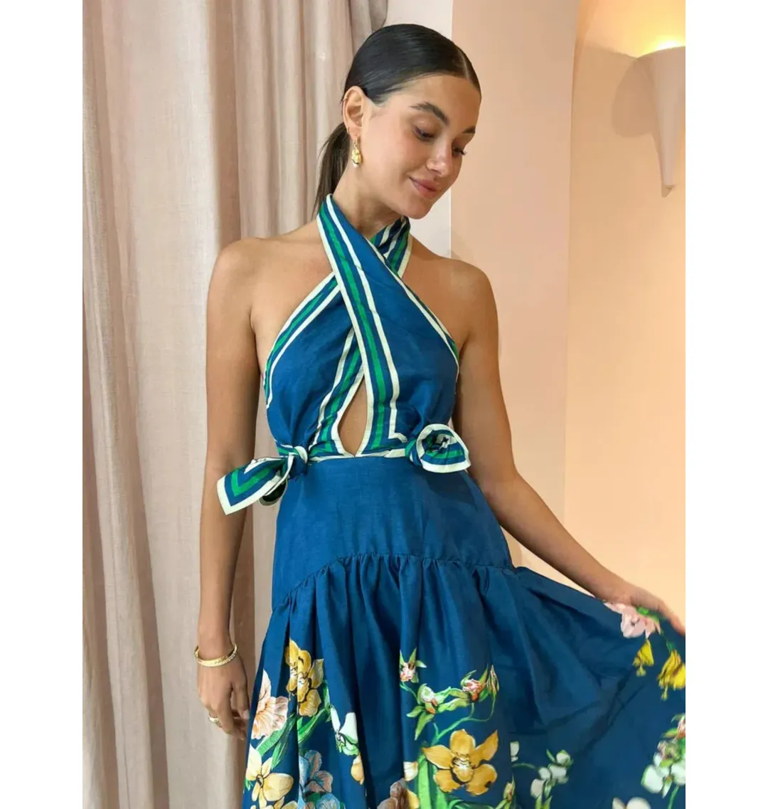 Alemais Lyla Halter Midi Dress Royal Blue Size AU 10 for rent on The Volte - main image