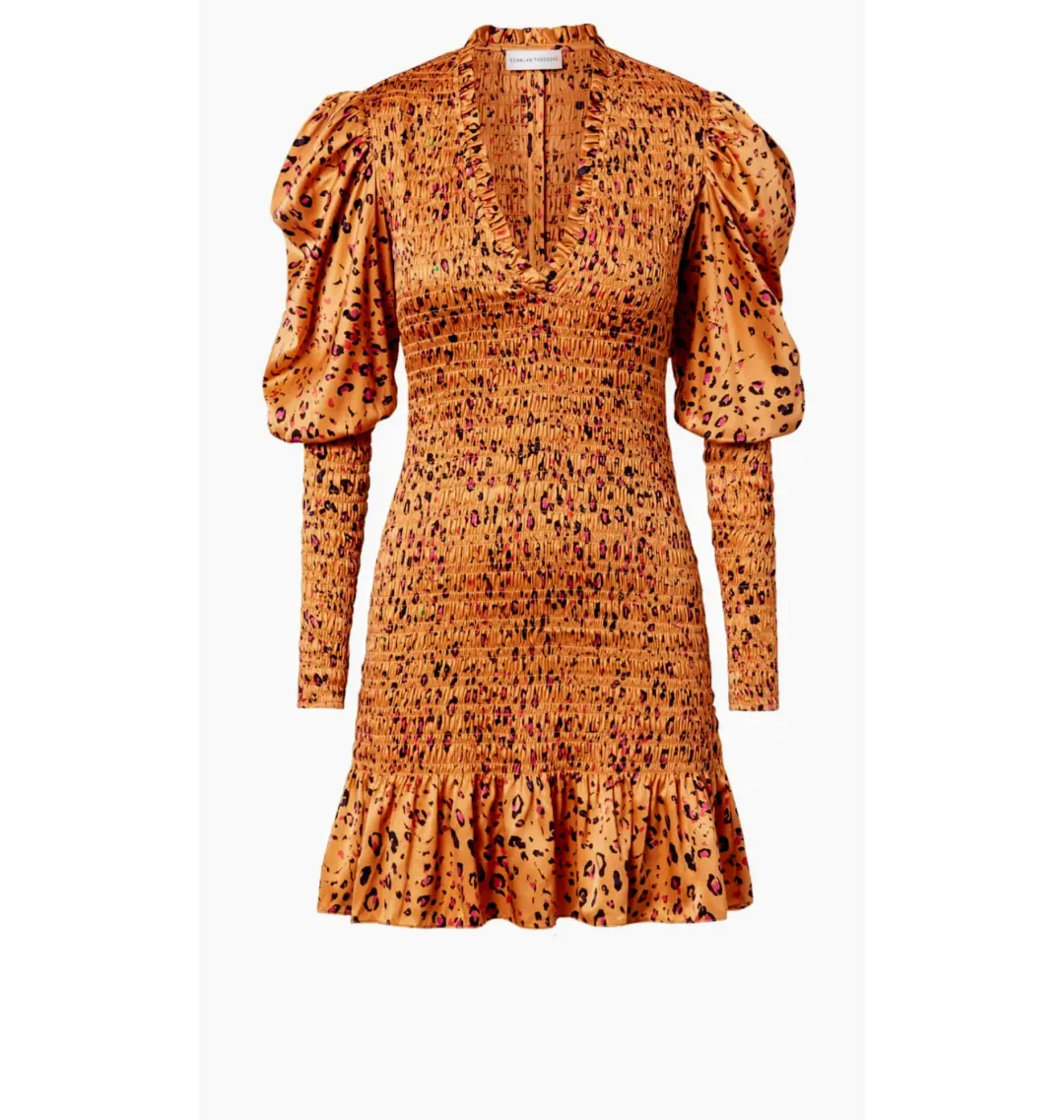 Scanlan Theodore Silk Leopard Shirred Mini Dress Brown Size AU 6 for rent on The Volte - main image