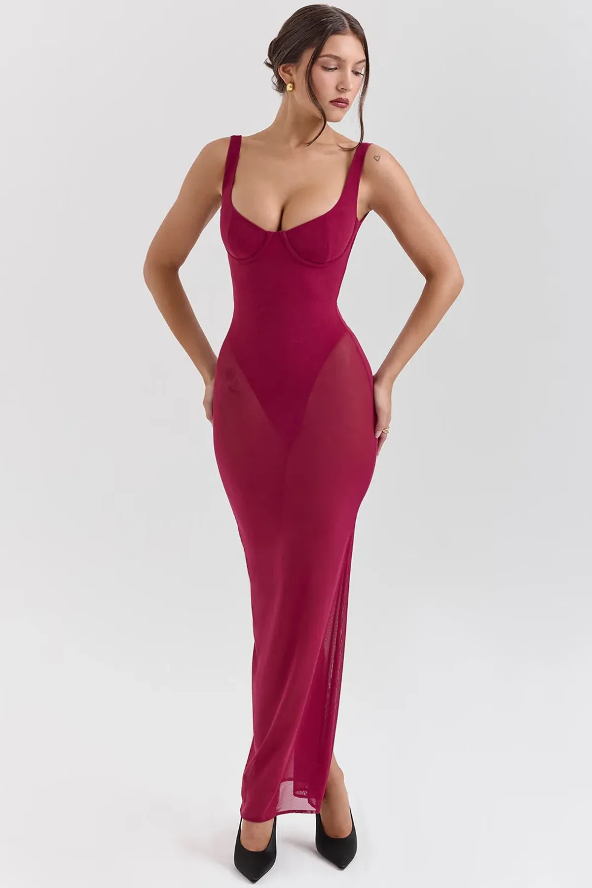 House of CB ROBINA Wine Stretch Mesh Maxi Dress in Burgundy size AU 6 - Image 2
