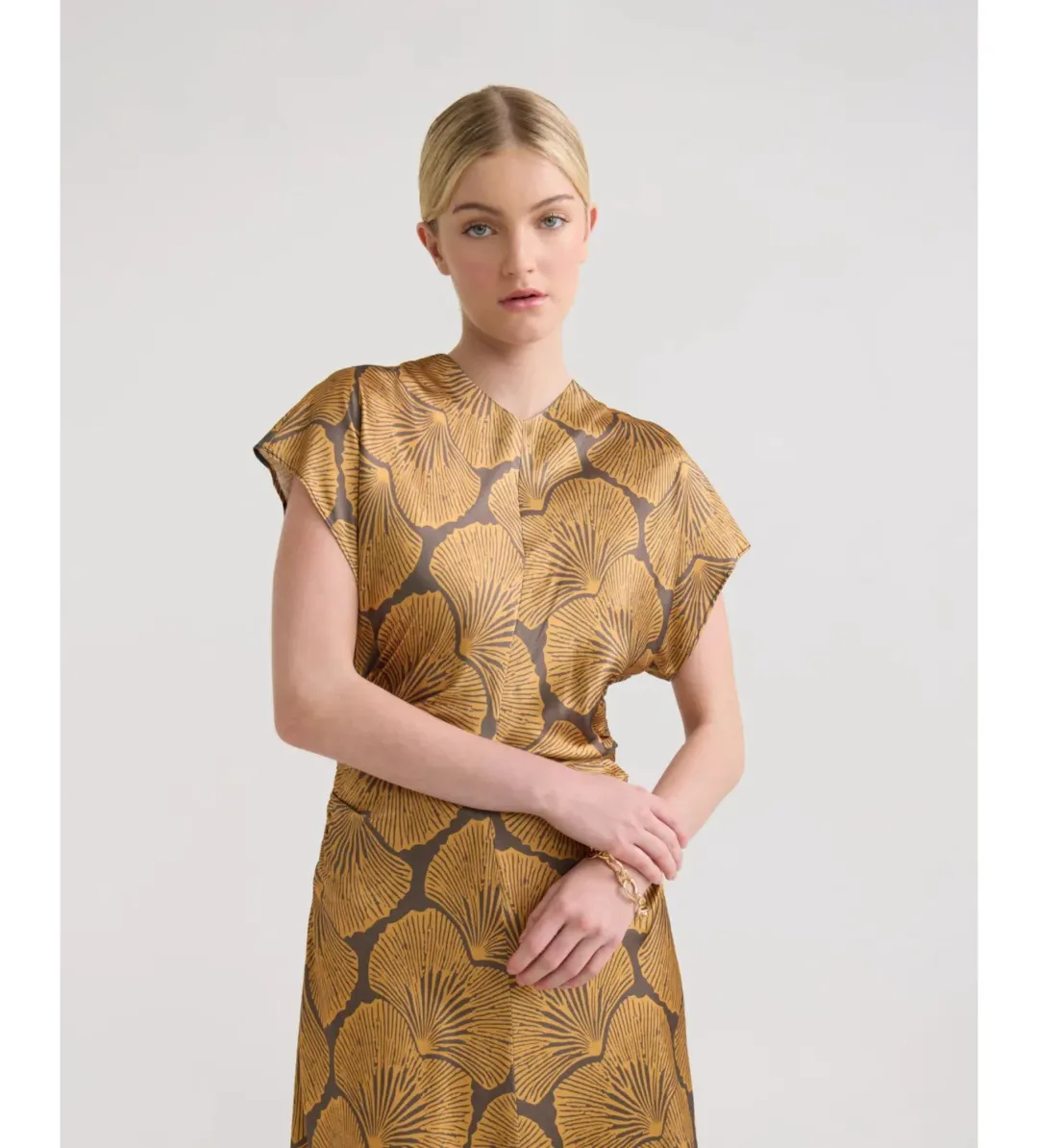 Oxford Fleur Printed Twill Midi Dress Chocolate/Gold Size AU 14 for rent on The Volte - main image
