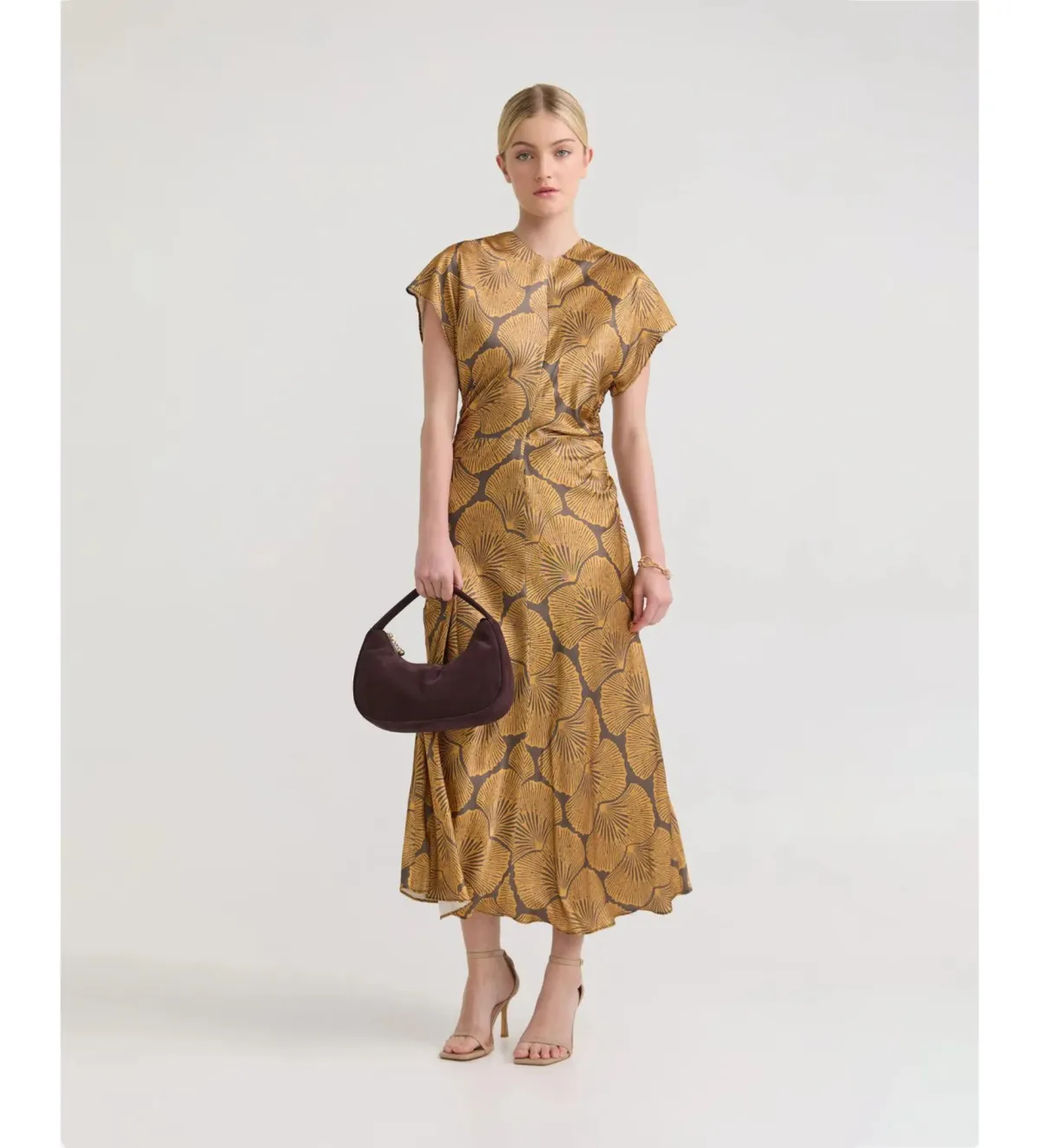 Oxford Fleur Printed Twill Midi Dress Chocolate/Gold Size AU 14 - Image 1