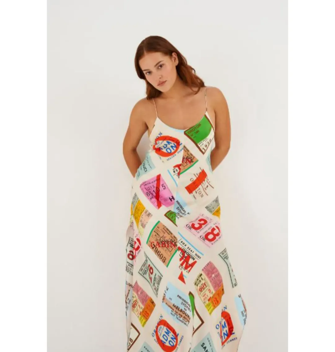 Oroton Ticket Print Slip Maxi Dress Multi Size AU 14 for rent on The Volte - main image