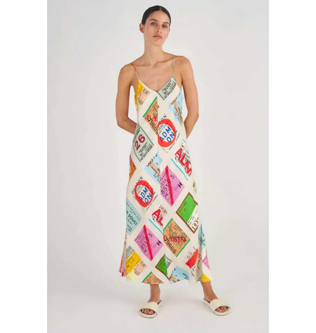 Oroton Ticket Print Slip Maxi Dress Multi Size AU 14 for rent on The Volte - main image