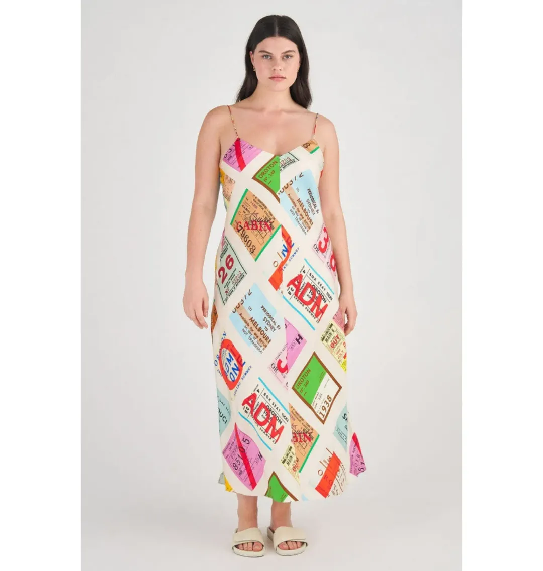 Oroton Ticket Print Slip Maxi Dress Multi Size AU 14 for rent on The Volte - main image