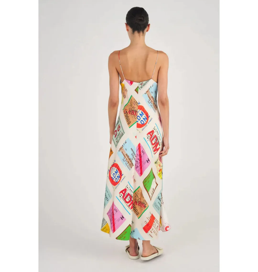 Oroton Ticket Print Slip Maxi Dress Multi Size AU 14 for rent on The Volte - main image