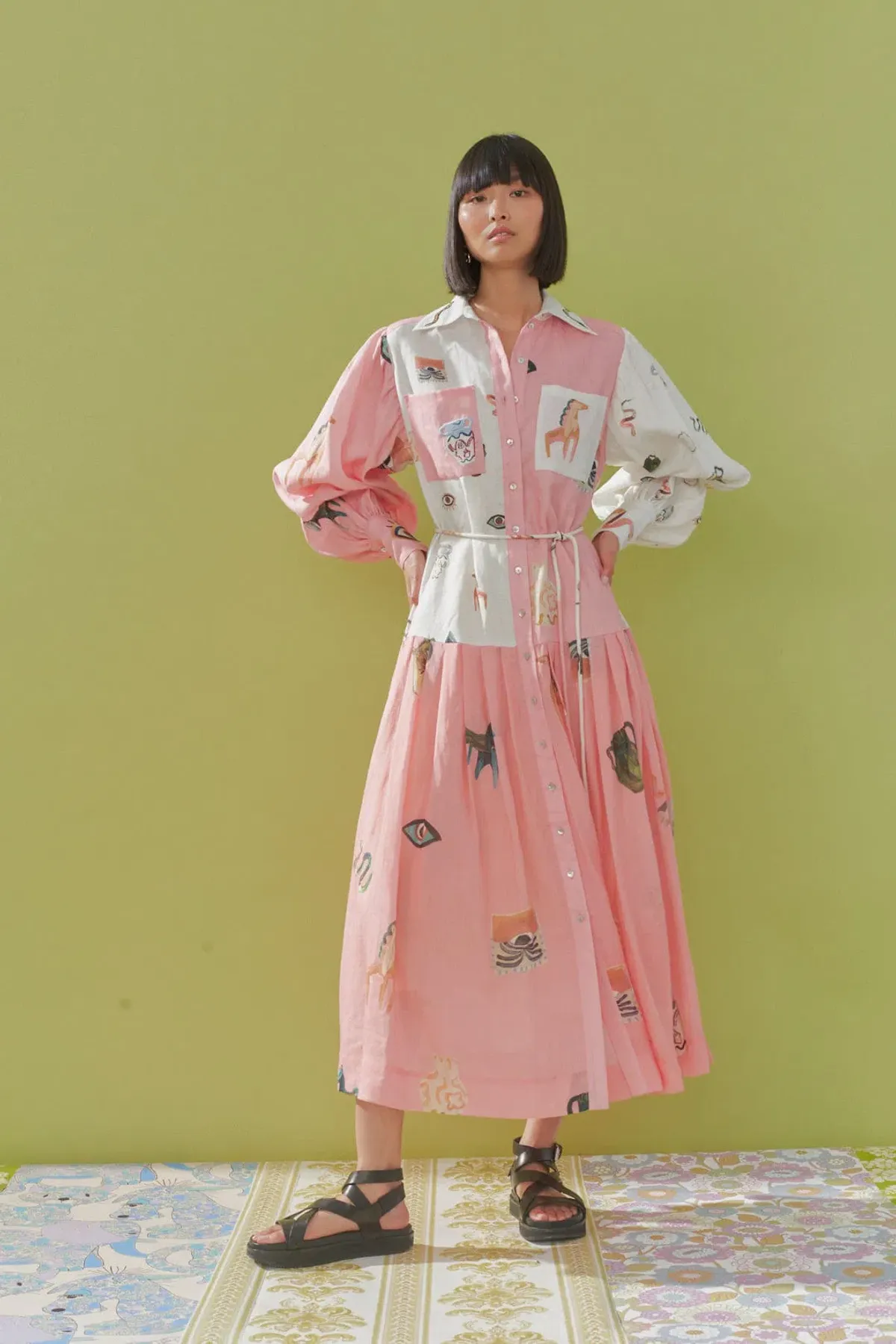 Alemais Cleo Patchwork Midi Shirtdress in Pink Multi Size 14 - Image 1