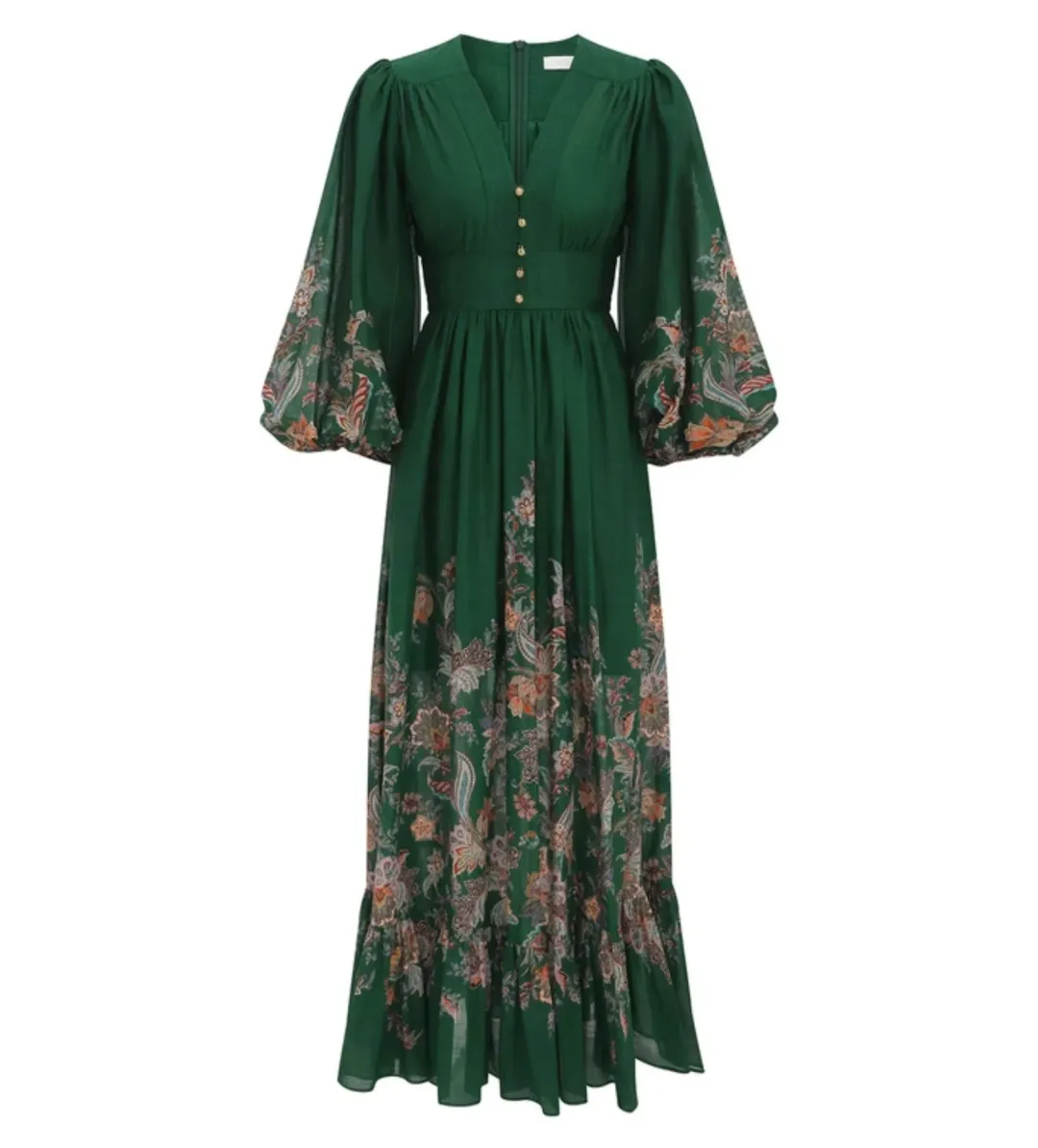 Zimmermann The Rhiannon Plunge Maxi Dress in Green Multi Paisley Size AU 12 for rent on The Volte - main image