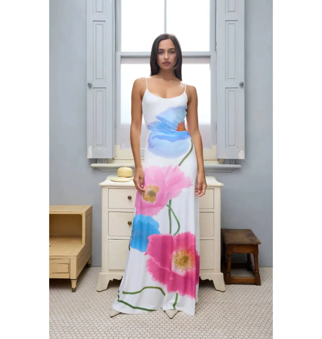 With Harper Lu Low Back Maxi Dress Azure Poppy Size S / AU 8 for rent on The Volte - main image