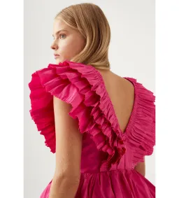 AJE Rhythmic Frilled Mini Dress in Fuchsia Hot Pink Size 6 for rent on The Volte - image 2