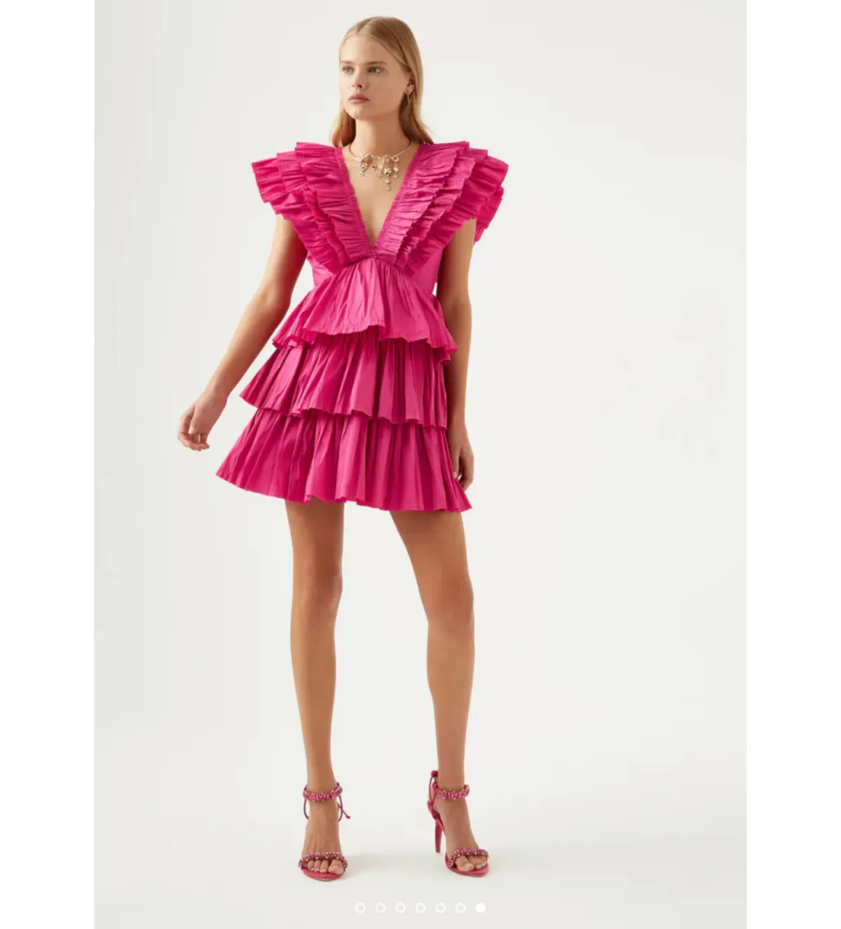 AJE Rhythmic Frilled Mini Dress in Fuchsia Hot Pink Size 6 for rent on The Volte - main image