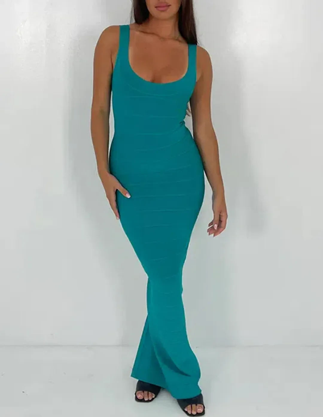 Herve Leger Turquoise Round Neck Gown Maxi Size AU 6 for rent on The Volte - main image