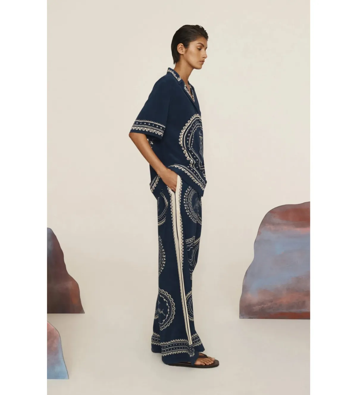 Alemais Oceane Silk Shirt and Pant Set Navy Print Size AU 8 - Image 4