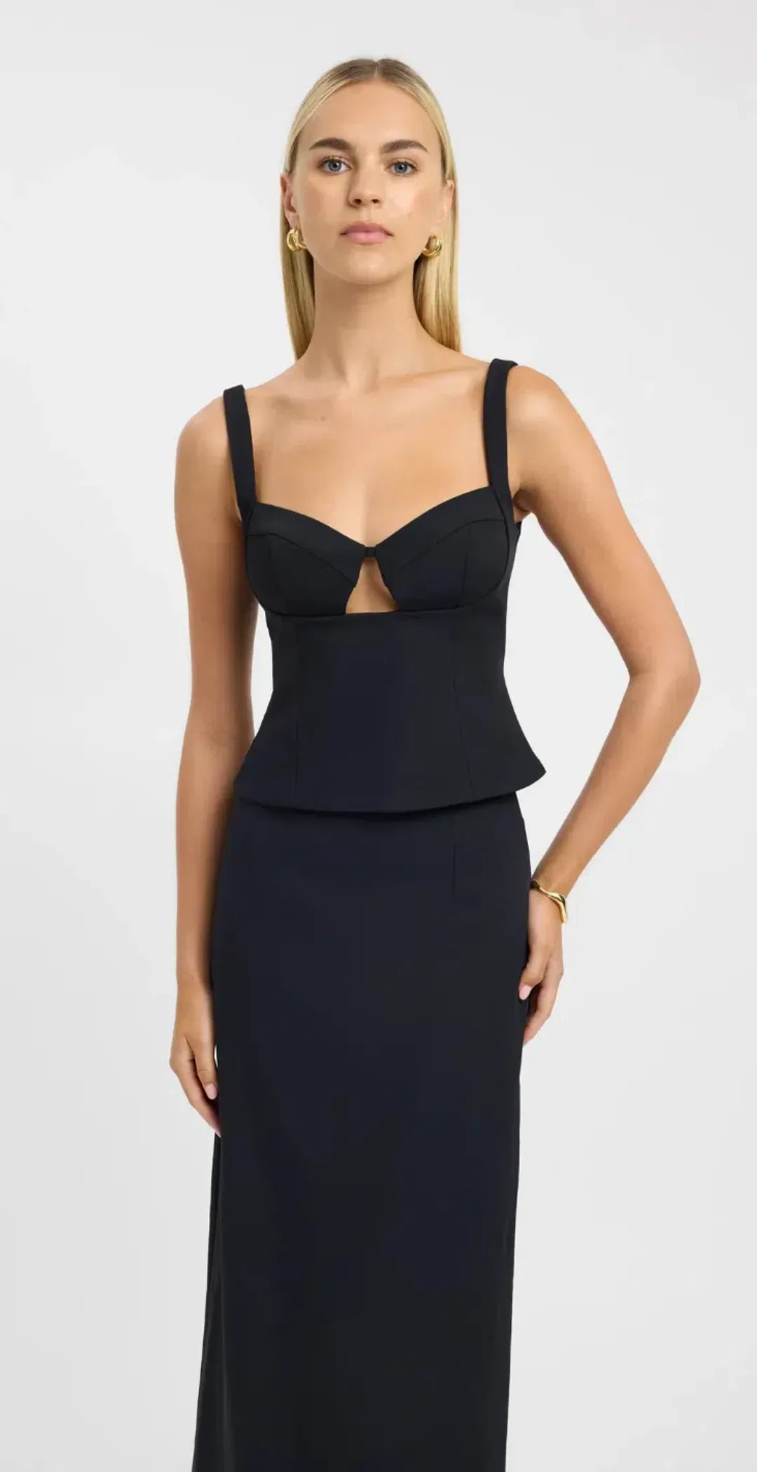 Kookai Ariel Bra Top and Double Belt Mini Skirt Set Black Size 8 for rent on The Volte - main image