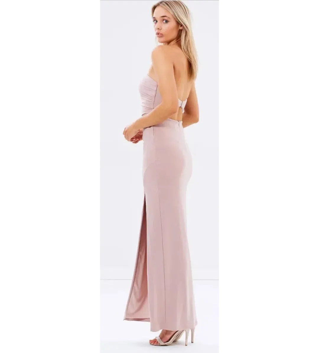 Skiva Strapless Split Evening Maxi Dress Latte Blush Size AU 6 for rent on The Volte - main image