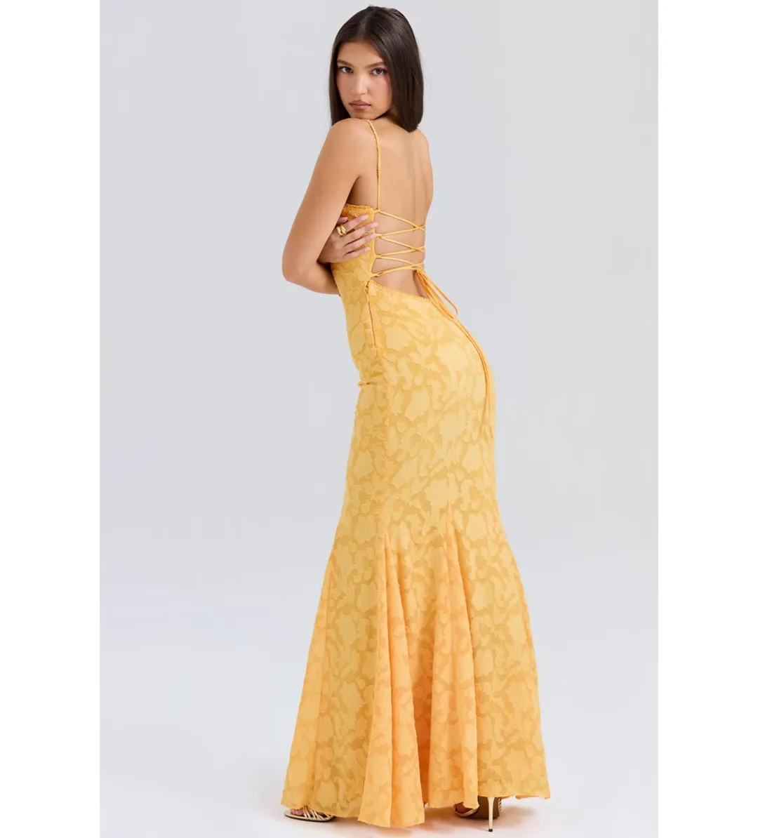 House of CB Joan Lace Up Back Maxi Dress Apricot Size XS/AU 6 for rent on The Volte - main image
