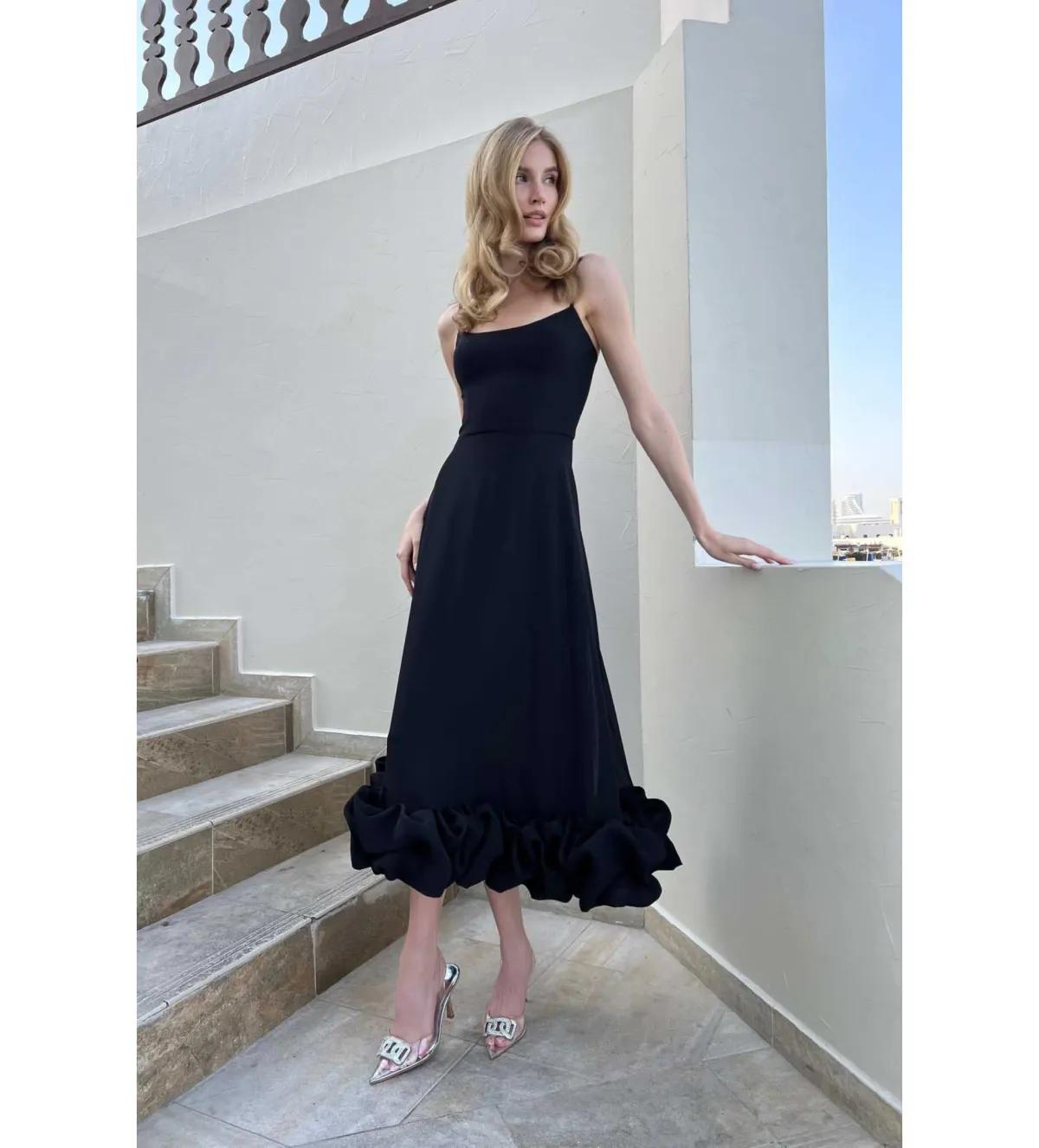 Post Meridiem Flounce Bustier Midi Dress in Deep Black Size XS / AU 6 - Image 2
