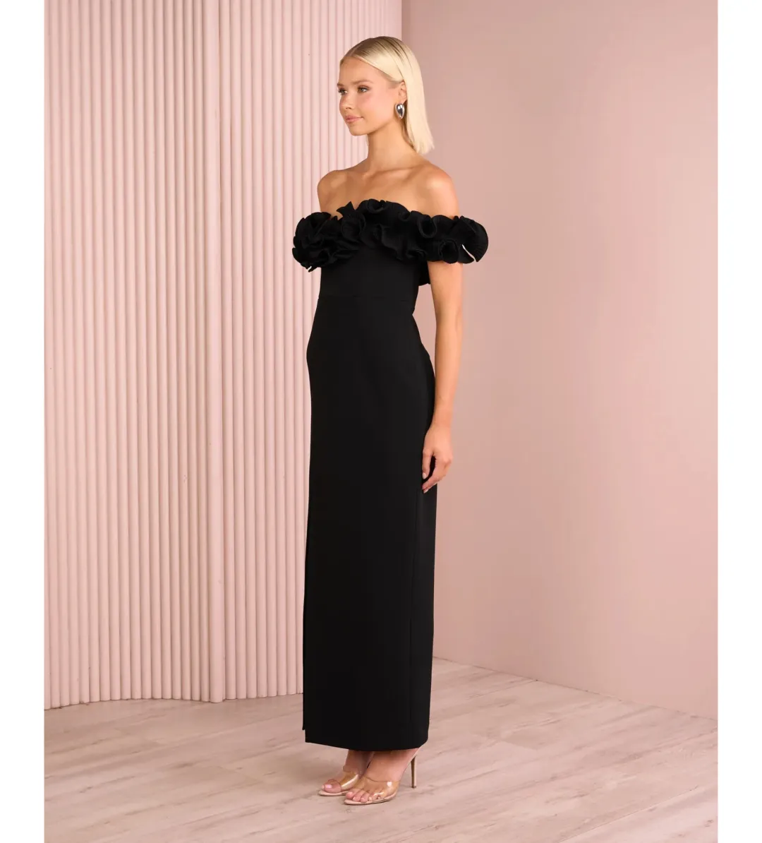 Azzurielle Farley Frill Off Shoulder Gown Black Size 8 for rent on The Volte - main image