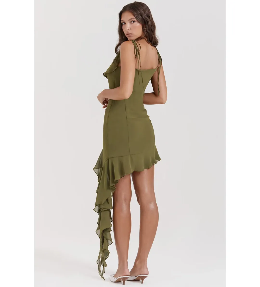 House of CB Marcia Ruffle Mini Dress Olive Size XS/AU 6 for rent on The Volte - main image