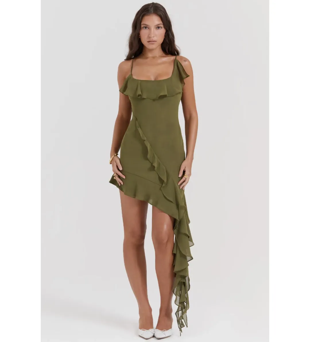House of CB Marcia Ruffle Mini Dress Olive Size XS/AU 6 for rent on The Volte - main image