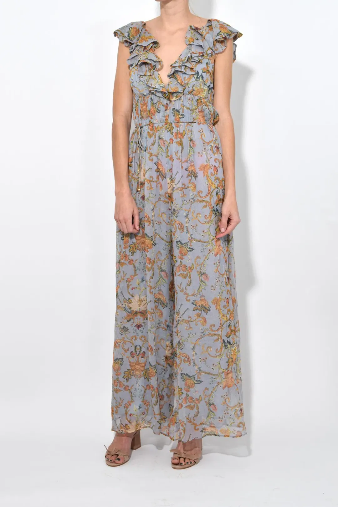 Zimmermann Painted Heart Cascade Jumpsuit Blue Grey Tapestry Size 0 / AU 8 for rent on The Volte - main image