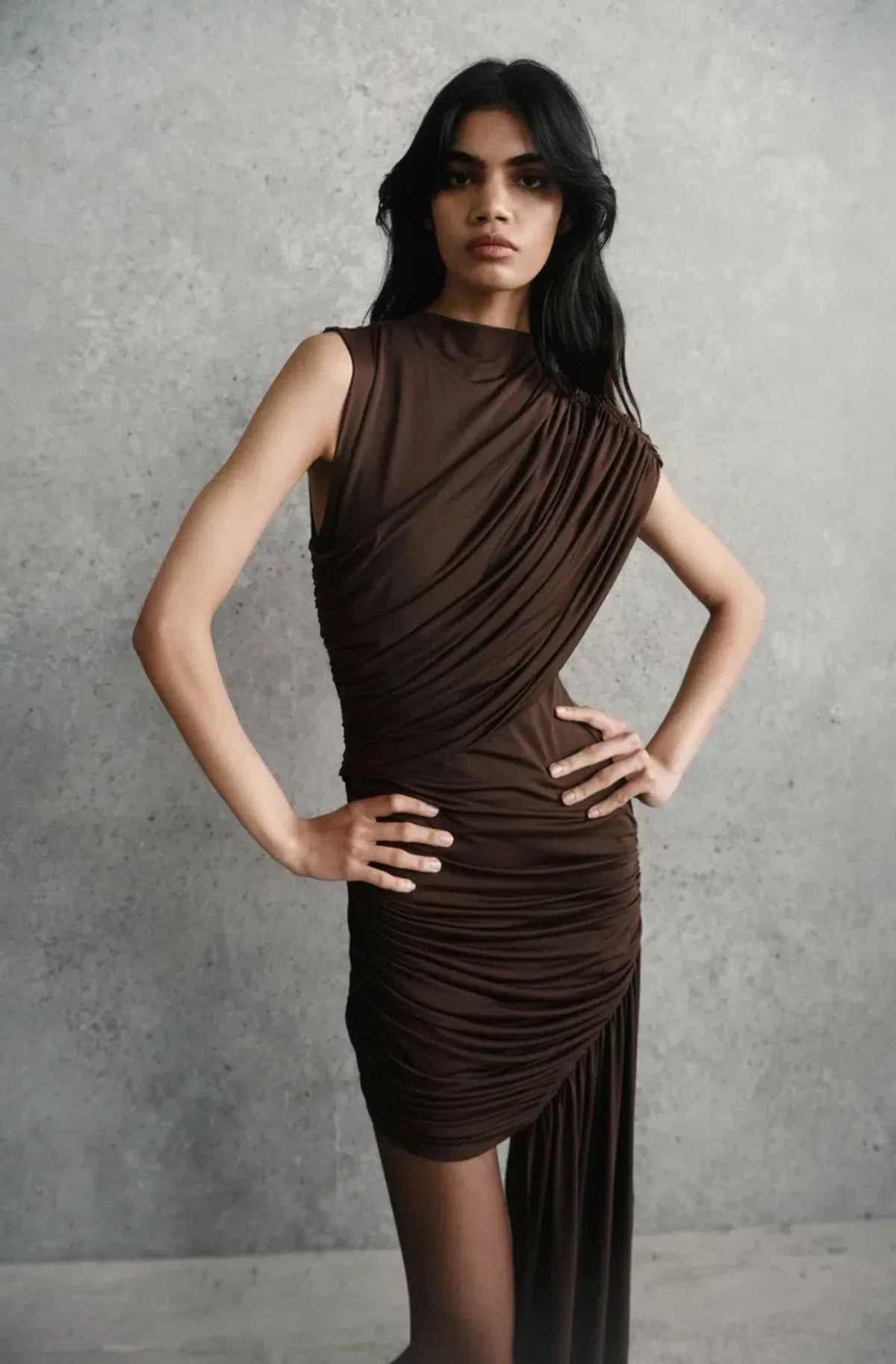De La Vali Ravenna Draped Jersey Mini Dress in Chocolate Brown AU 10 - Image 4