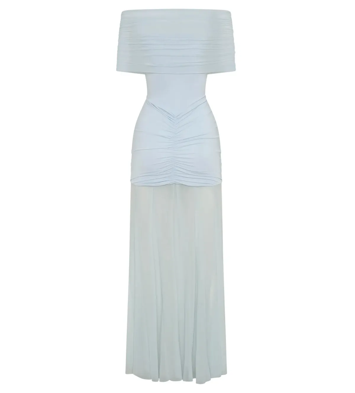 Meshki Caspian Slinky Mesh Off Shoulder Dress Pale Blue Size AU 8 - Image 5