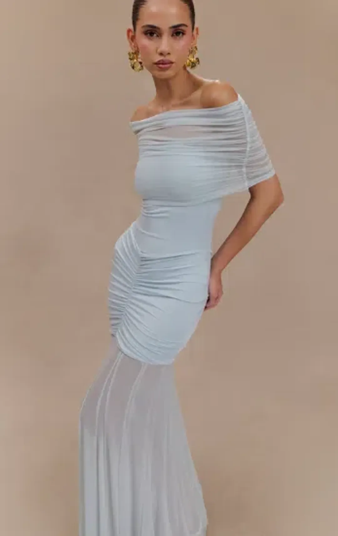 Meshki Caspian Slinky Mesh Off Shoulder Dress Blue Size 10 for rent on The Volte - main image