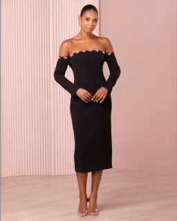Azzurielle Ulyana Off Shoulder Black Midi Dress Size 8 for rent on The Volte - image 1
