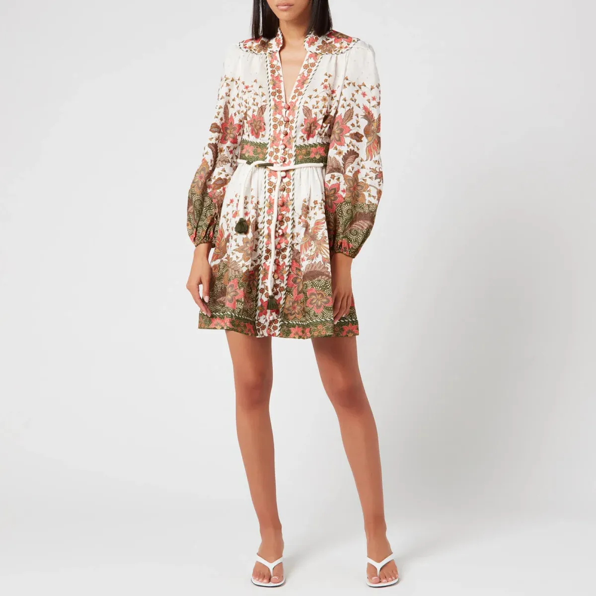 Zimmermann Empire Batik Belted Printed Linen Mini Dress Floral Khaki Batik Size 1 / AU 10 - Image 1