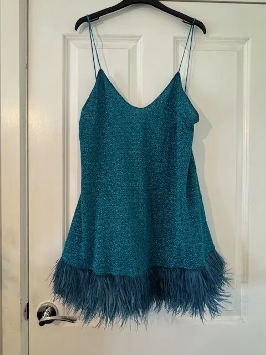 Oseree Lumiere Feather Trimmed Mini Dress Blue Size AU 10 for rent on The Volte - main image