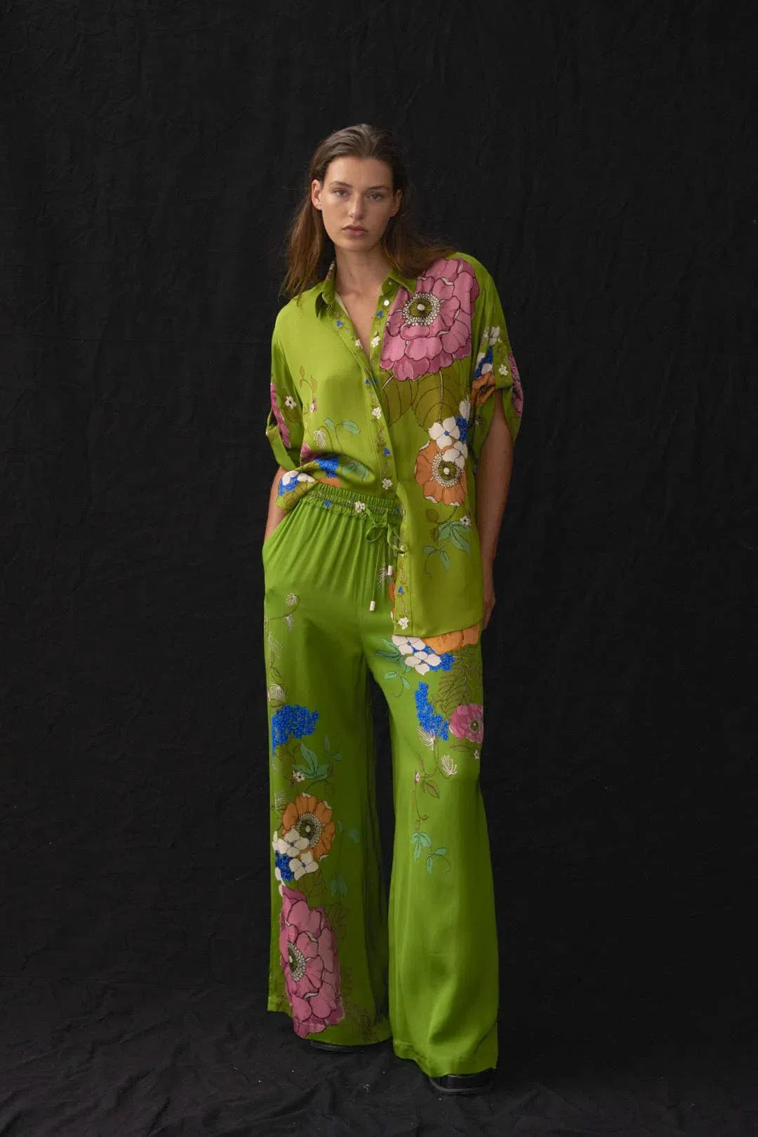 Alemais Olivia Shirt and Pant Set Green Floral Size 12 for rent on The Volte - main image