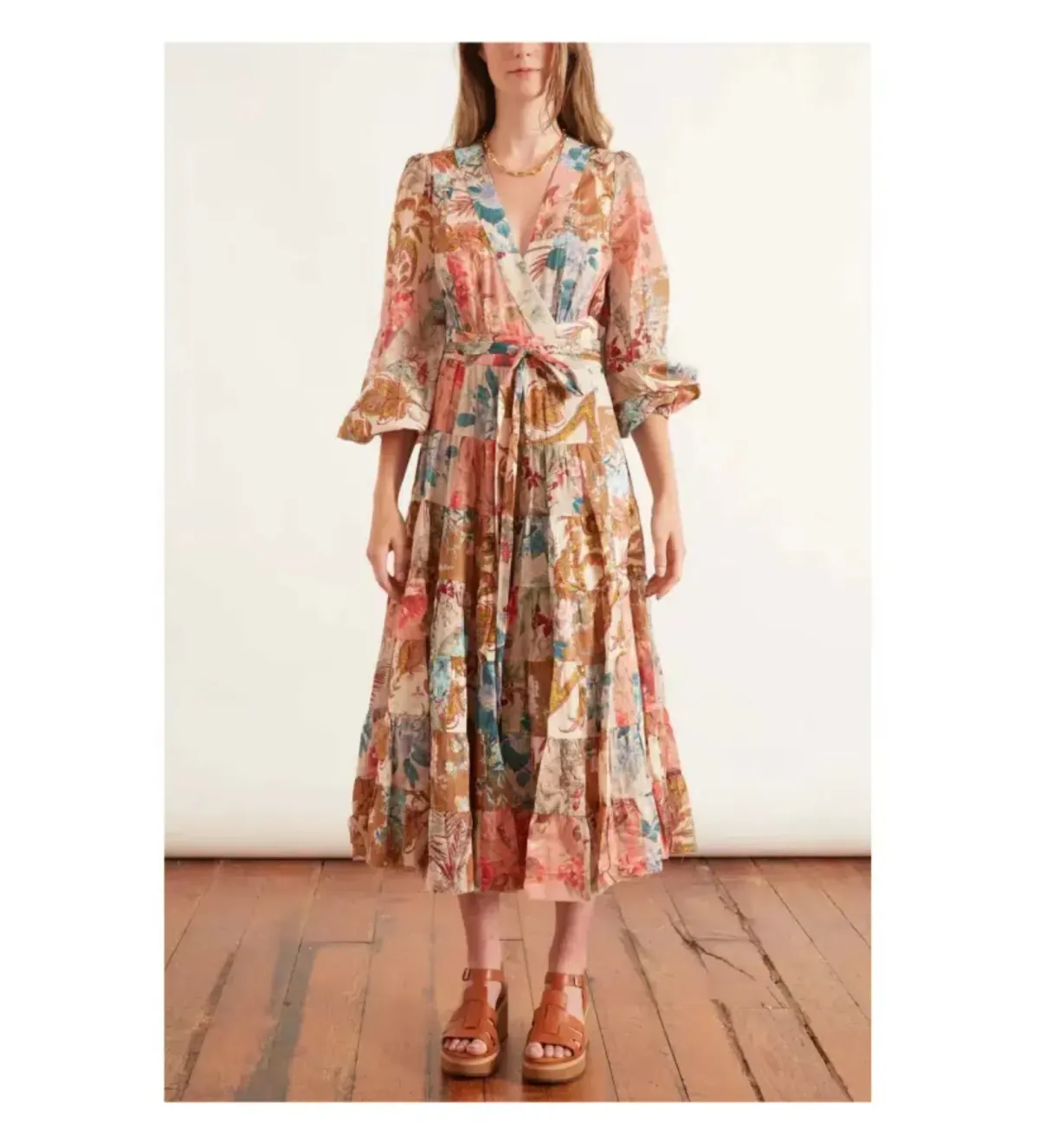 Zimmermann Cassia Patch Wrap Midi Dress Floral Size 0 / Au 8 for rent on The Volte - main image