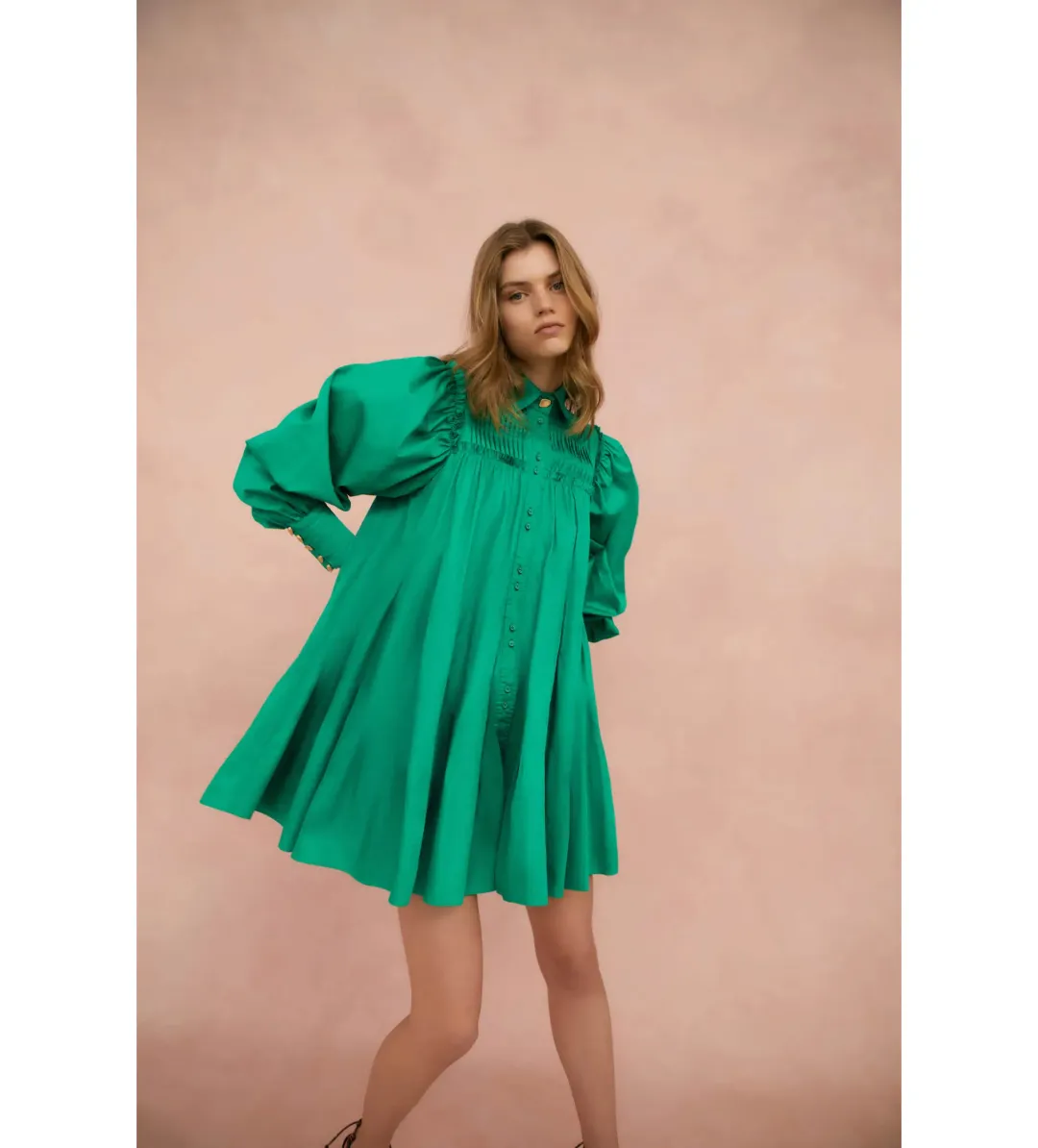 AJE Tidal Tucked Smock Mini Dress Green Size 8 for rent on The Volte - main image