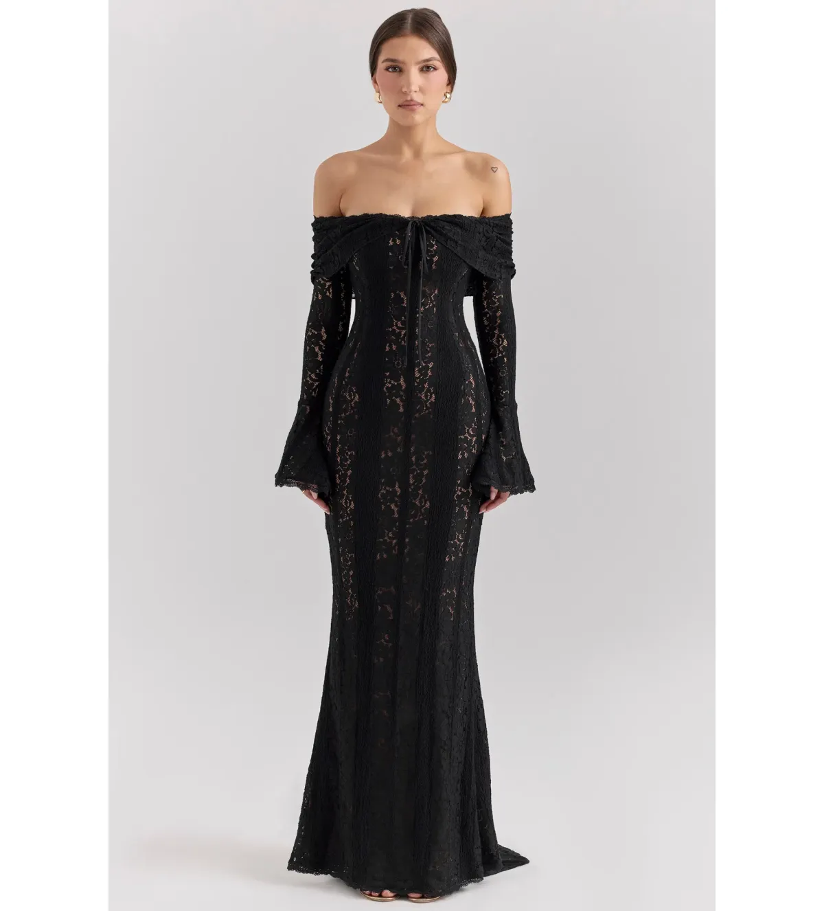 House of CB Belle Off Shoulder Floral Lace Maxi Dress Black Size AU 14 - Image 1