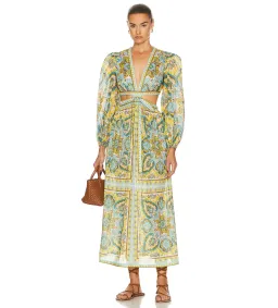 Zimmermann Halcyon Tie Front Midi Dress Blue Yellow Paisley Size 12 for rent on The Volte - image 1