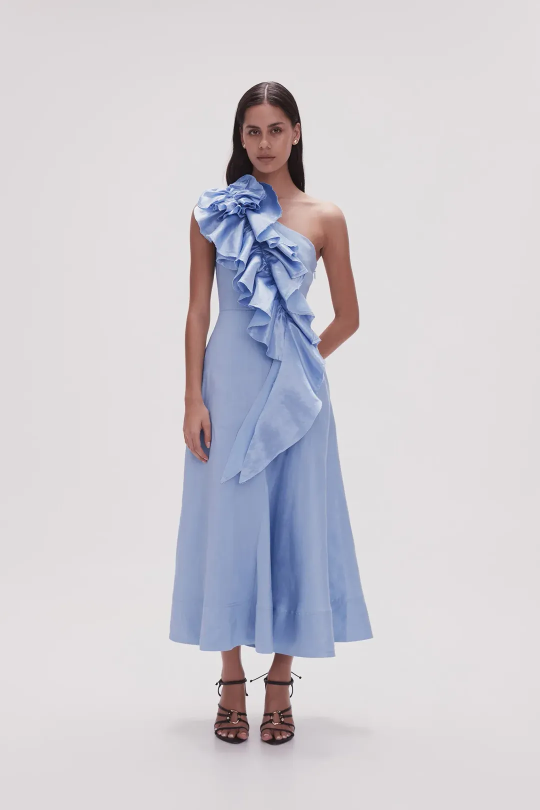 Aje Adelia Ruffle Midi Dress Light Sky Blue Size AU 16 for rent on The Volte - main image