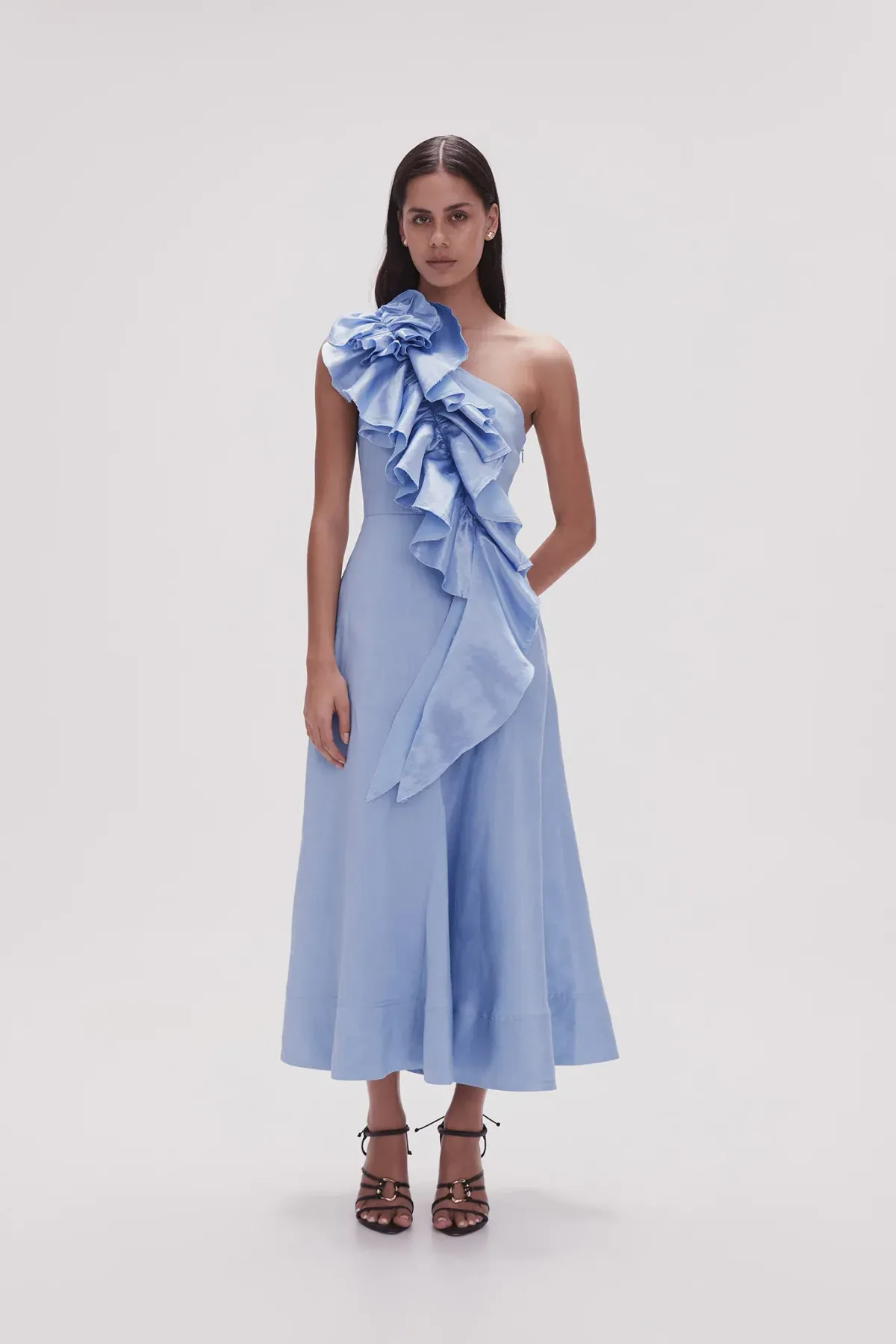 Aje Adelia Ruffle Midi Dress Light Sky Blue Size AU 16 for rent on The Volte - main image