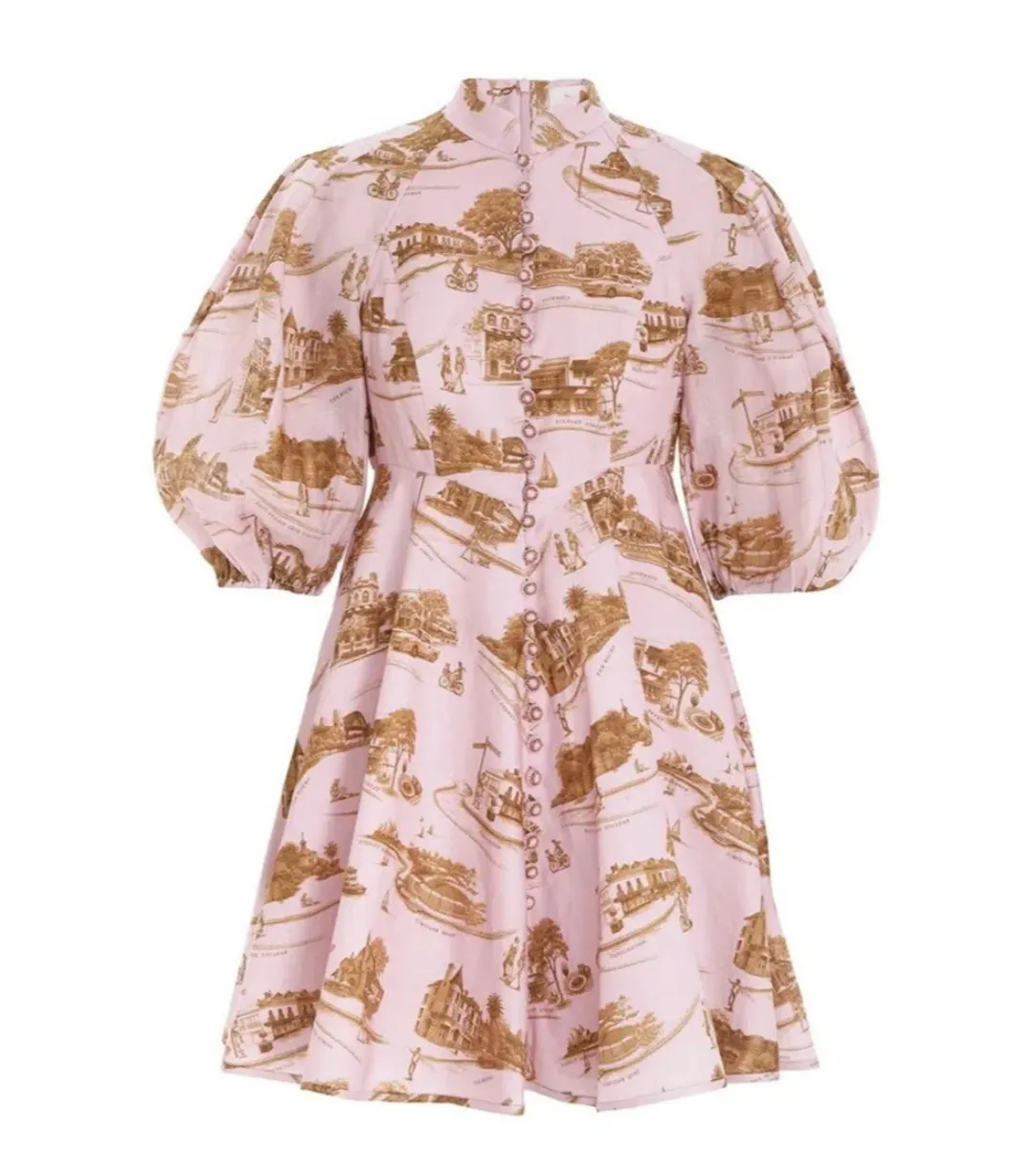 Zimmermann Linen Toile Mini Dress Pink Print Size AU 14 for rent on The Volte - main image