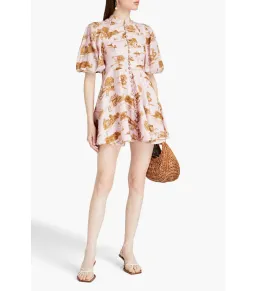 Zimmermann Linen Toile Mini Dress Pink Print Size AU 14 for rent on The Volte - image 1