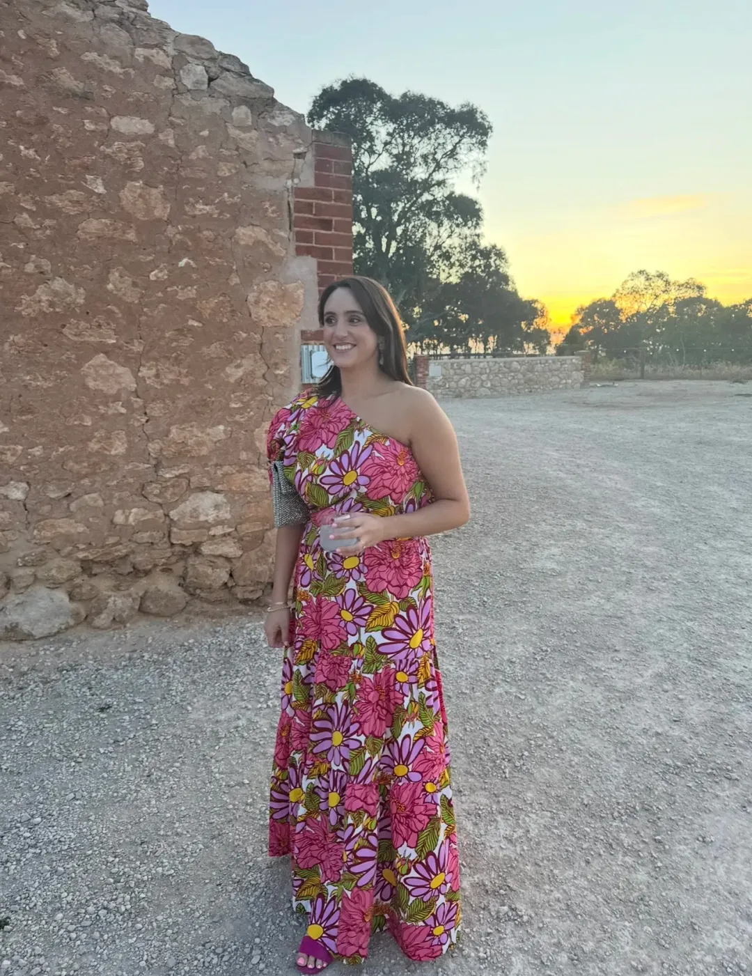 S/W/F Frida One Shoulder Puff Sleeve Maxi Dress Floral Pink Size L / Au 14 for rent on The Volte - main image