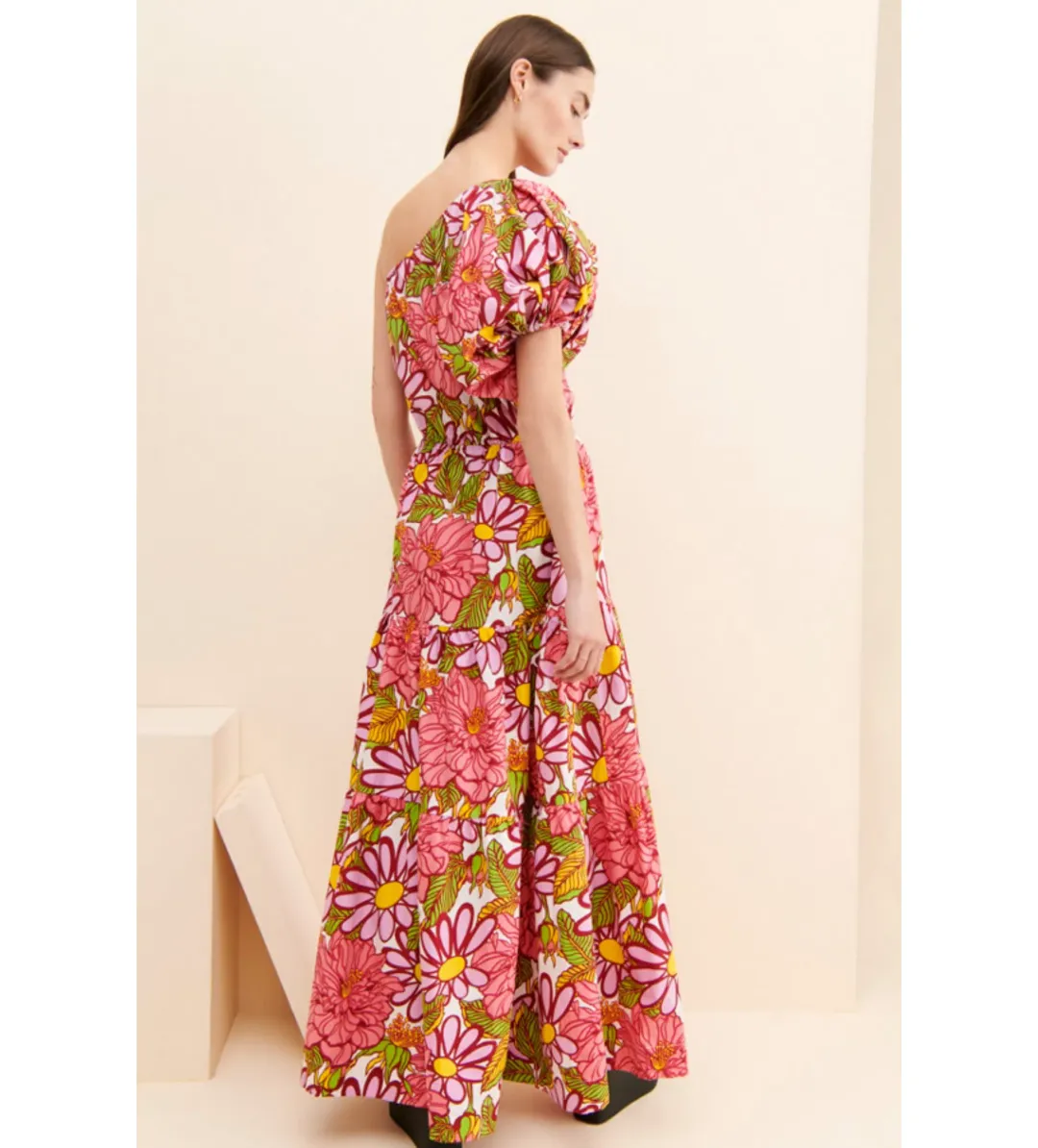 S/W/F Frida One Shoulder Puff Sleeve Maxi Dress Floral Pink Size L / Au 14 for rent on The Volte - main image