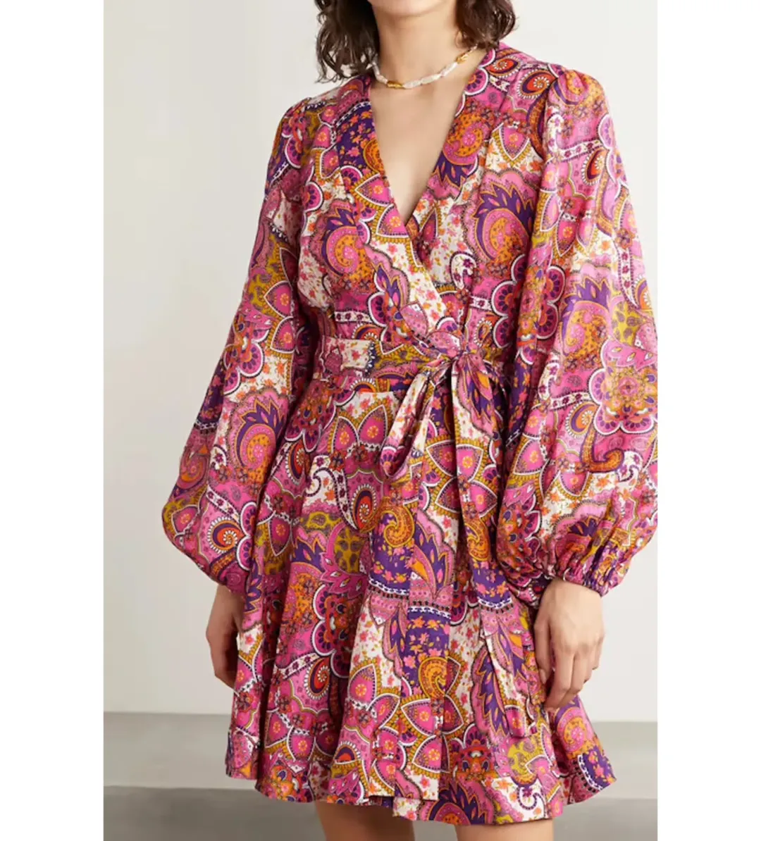Zimmermann Paisley Fiesta Linen Wrap Mini Dress in Pink Size AU 14 for rent on The Volte - main image