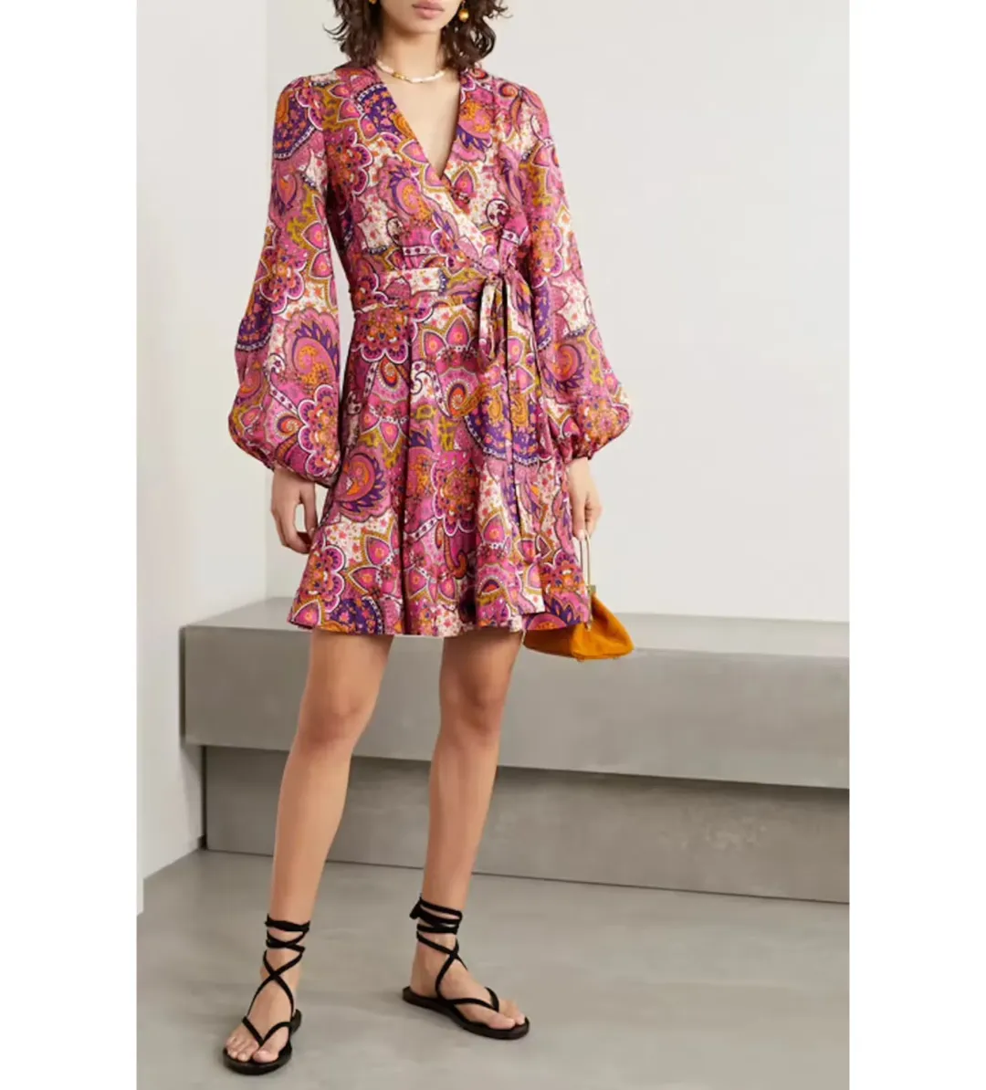 Zimmermann Paisley Fiesta Linen Wrap Mini Dress in Pink Size AU 14 for rent on The Volte - main image